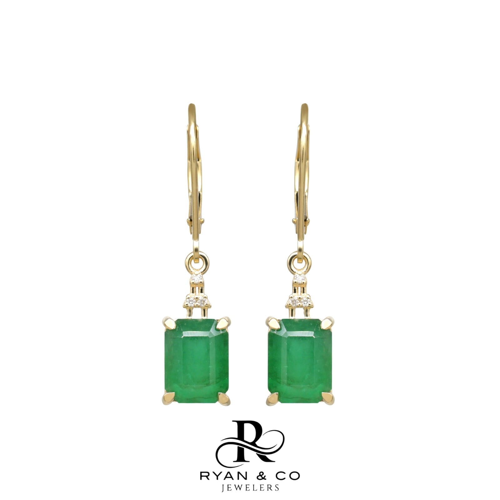 14k Yellow Gold IGI Certified Emerald & Diamond Dangle Earrings