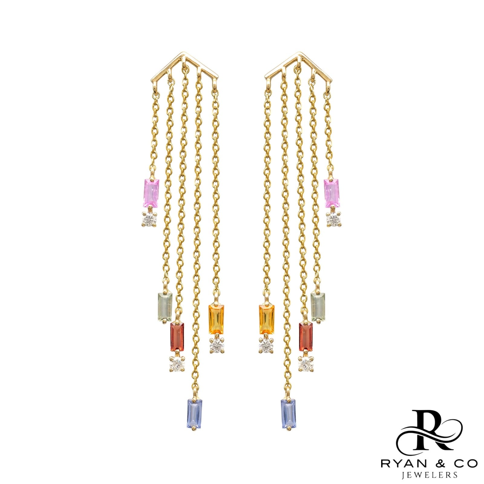 14k Yellow Gold Dangle Chain IGI Certified Multi Sapphire Diamond Earrings