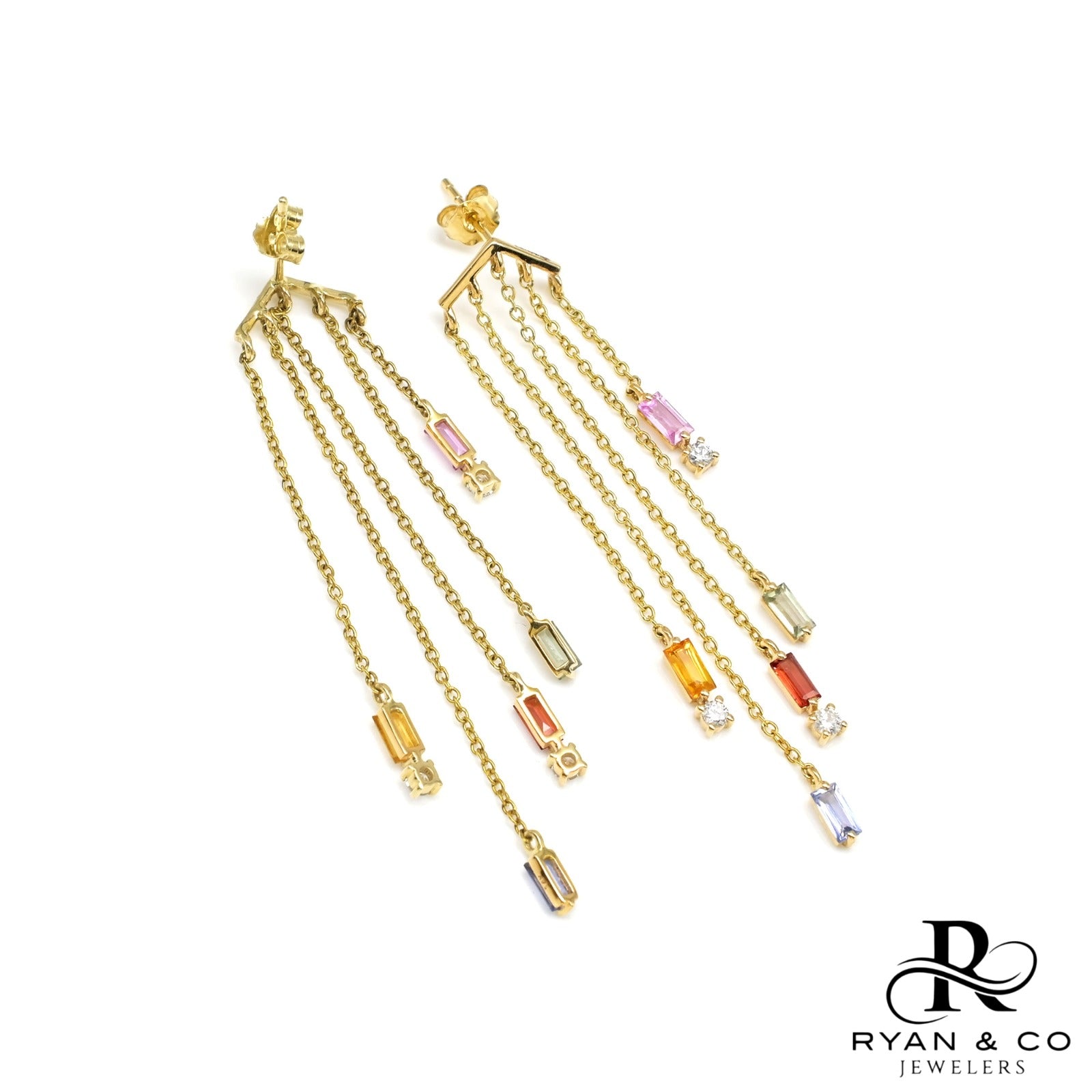 14k Yellow Gold Dangle Chain IGI Certified Multi Sapphire Diamond Earrings