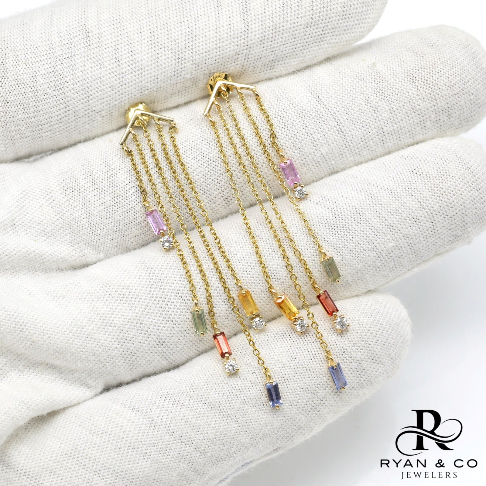 14k Yellow Gold Dangle Chain IGI Certified Multi Sapphire Diamond Earrings