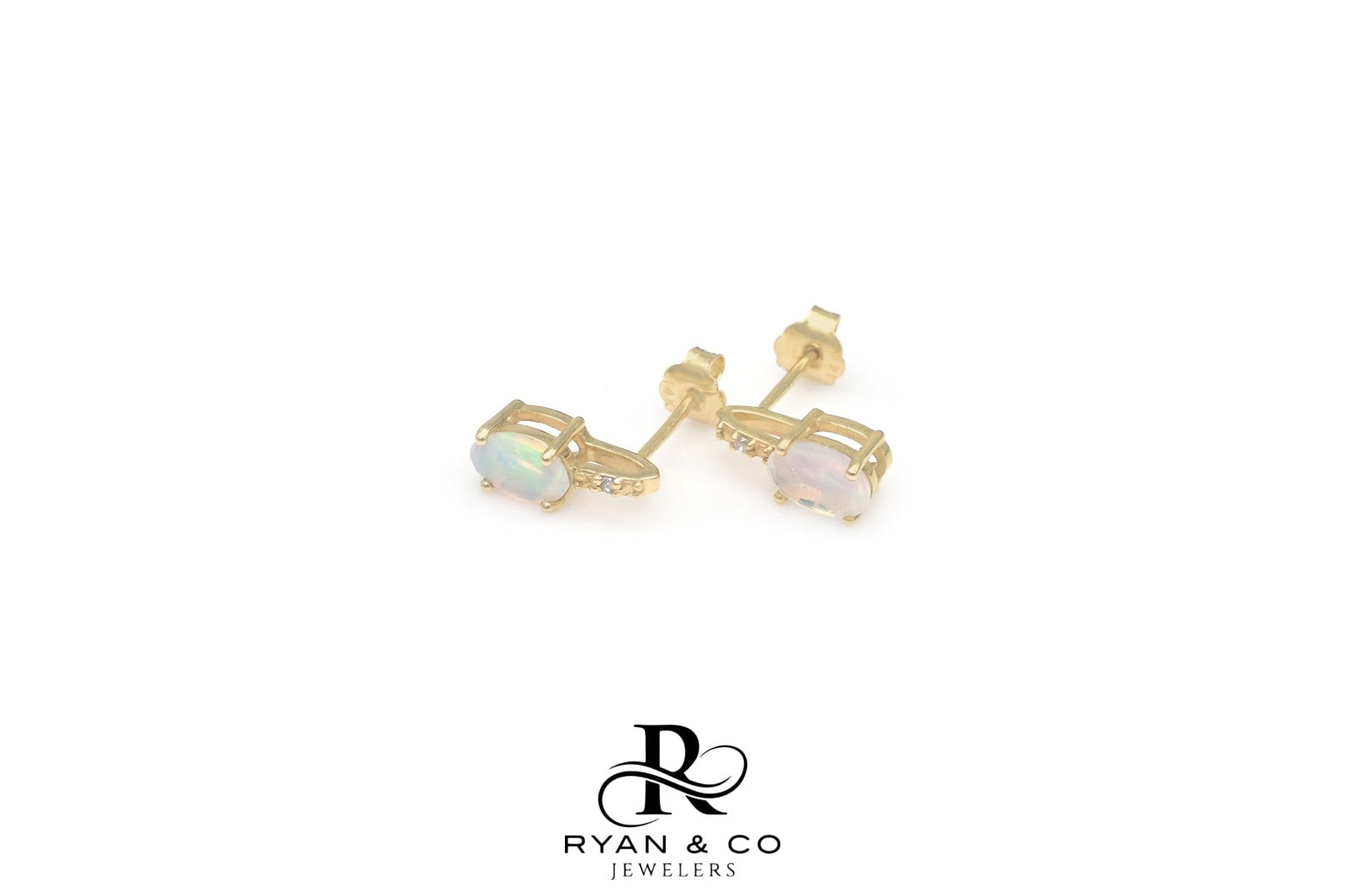 14k Yellow Gold Diamond & Opal Stud Earrings