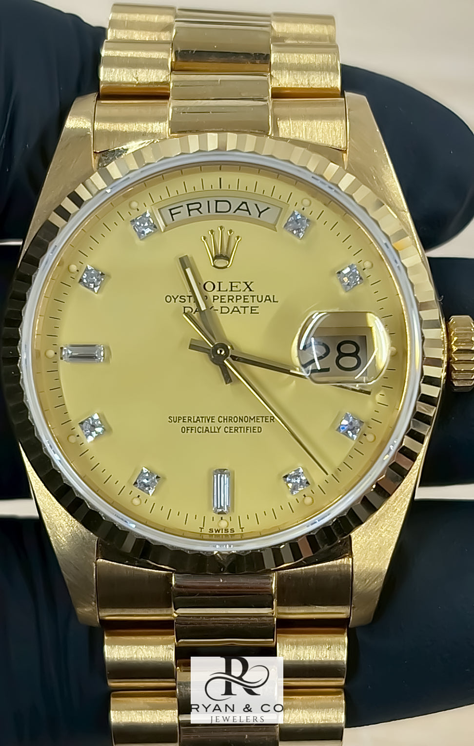 Rolex Day-Date 36mm Yellow Gold Champagne Diamond Dial | Fluted Bezel President Watch