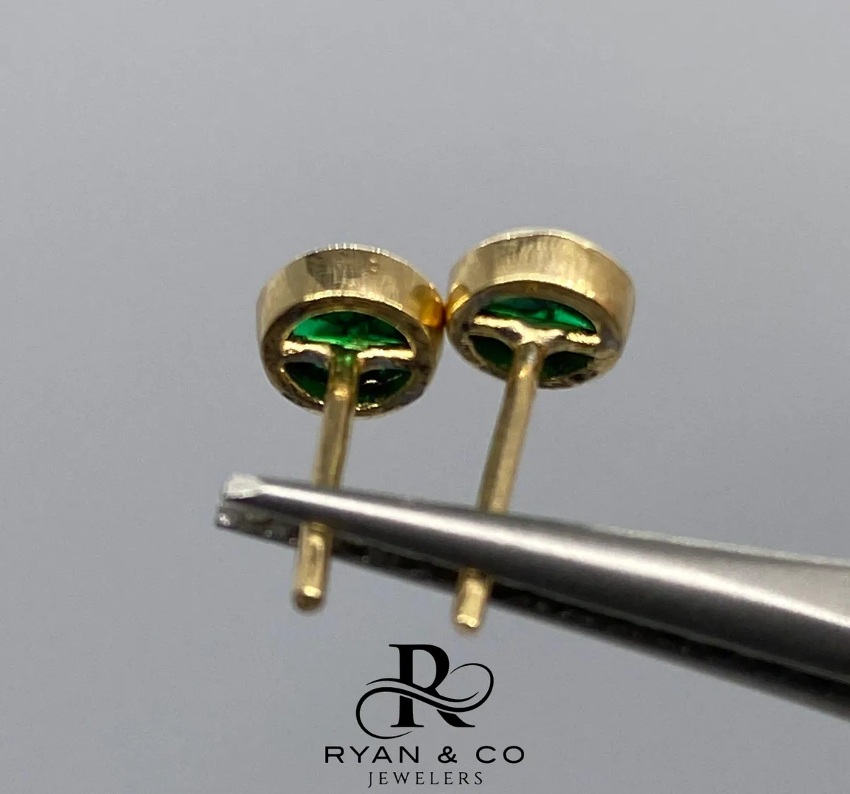 18k Yellow Gold Invisible Set Colombian Emerald Trapiche Stud Earrings