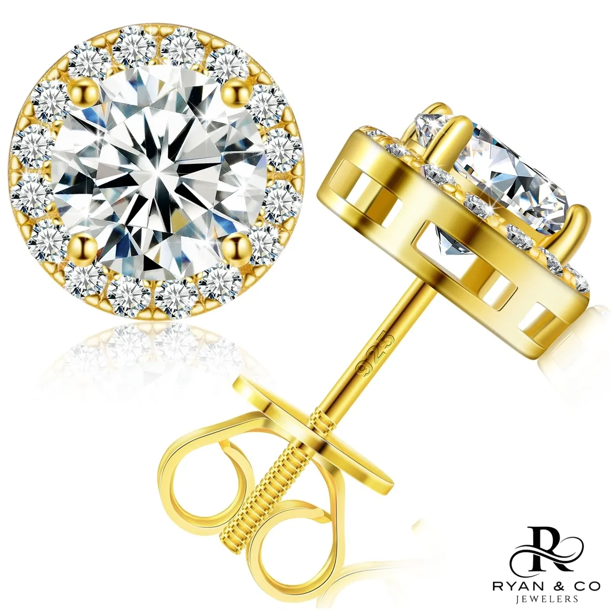 Round Cut Diamond Halo Earrings in Gold Vermeil