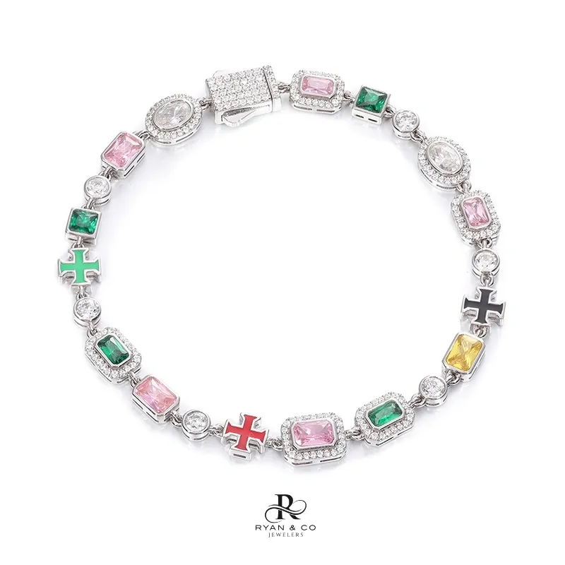 7mm Diamond Enamel Cross Charm Bracelet in Gold Vermeil