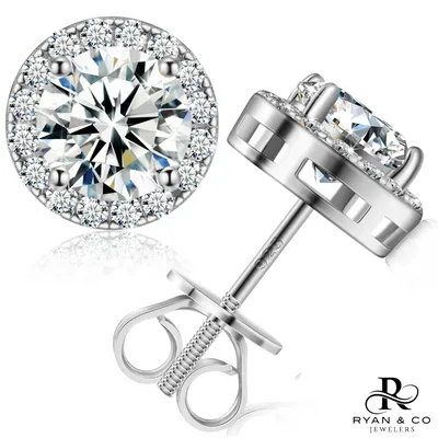 Round Cut Diamond Halo Earrings in Gold Vermeil