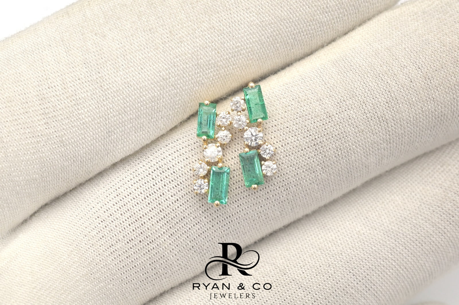 14k Yellow Gold Baguette Emerald Diamond Cluster Earrings