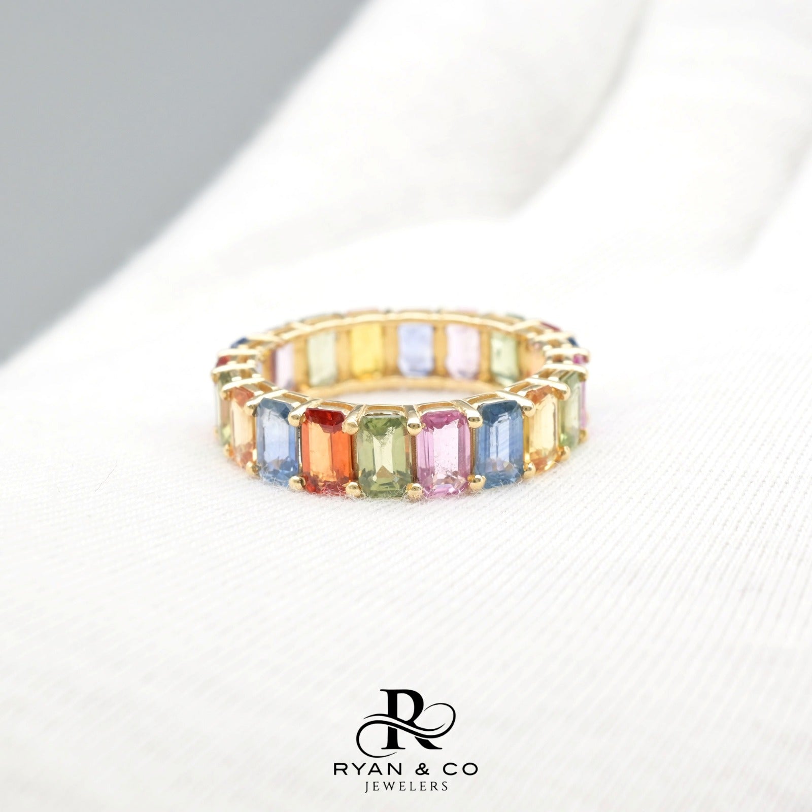 14k Yellow Gold Rainbow Sapphire Eternity Band
