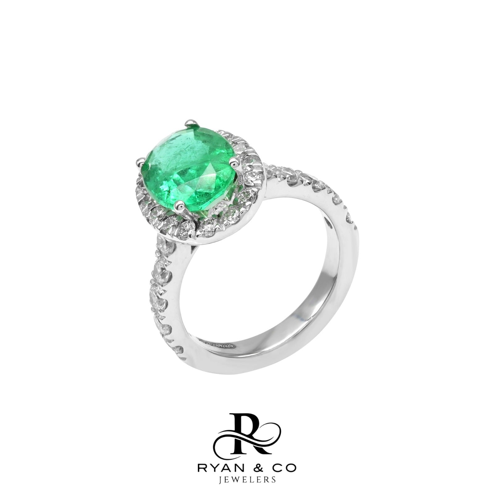 14k White Gold Emerald Halo Diamond Engagement Ring