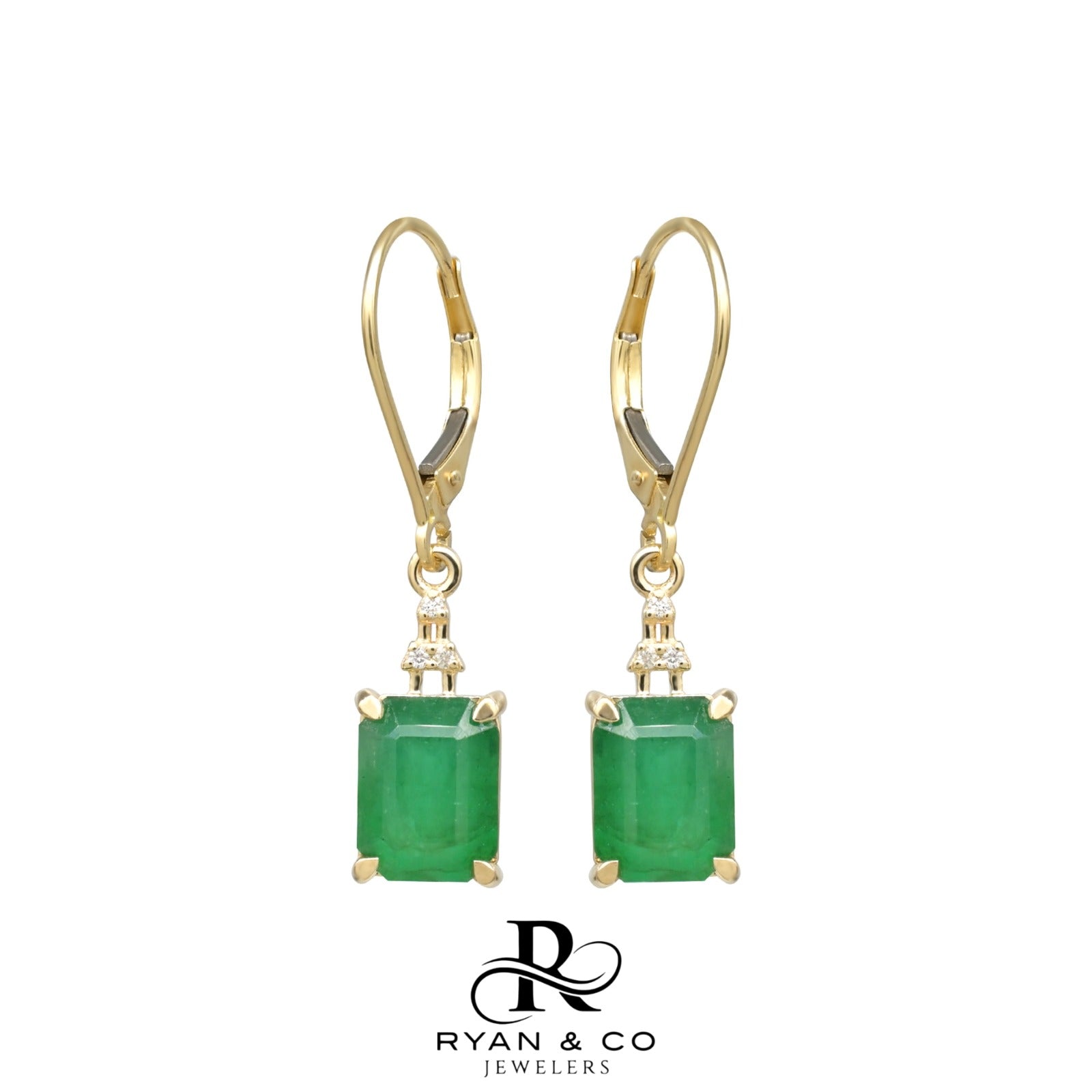 14k Yellow Gold IGI Certified Emerald & Diamond Dangle Earrings