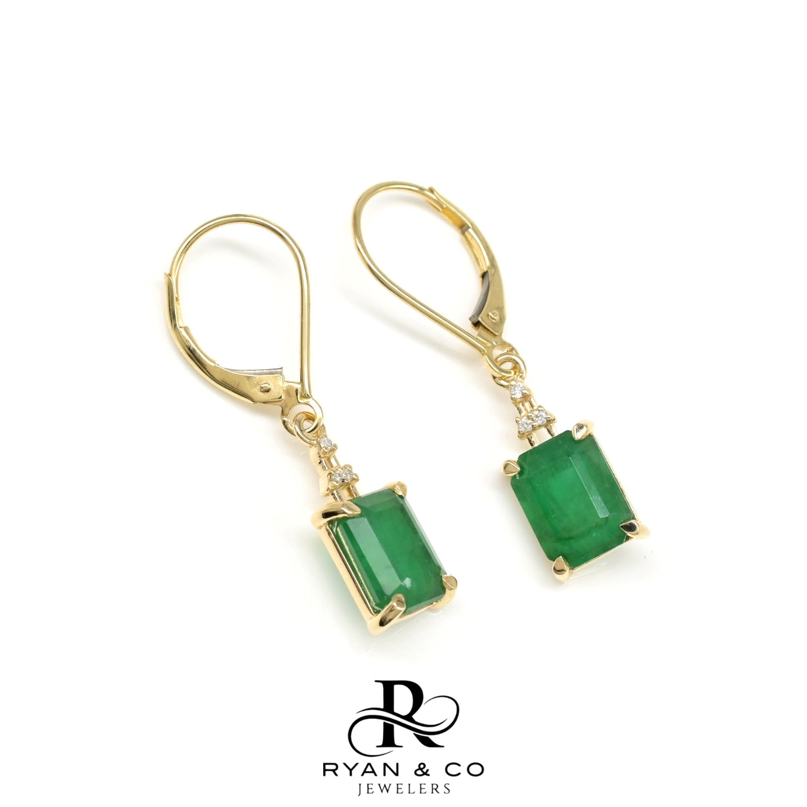14k Yellow Gold IGI Certified Emerald & Diamond Dangle Earrings