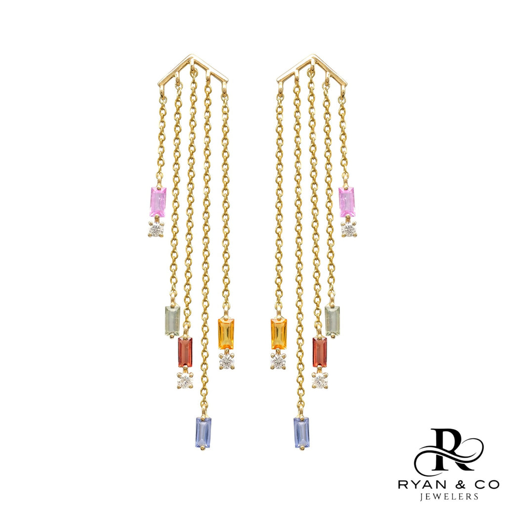 14k Yellow Gold Dangle Chain IGI Certified Multi Sapphire Diamond Earrings