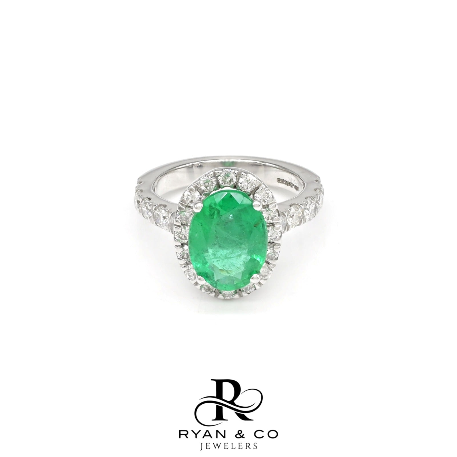 14k White Gold Emerald Halo Diamond Engagement Ring