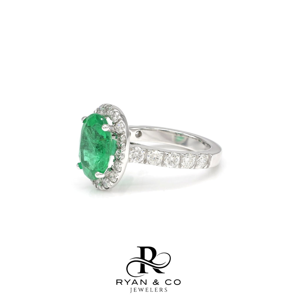14k White Gold Emerald Halo Diamond Engagement Ring