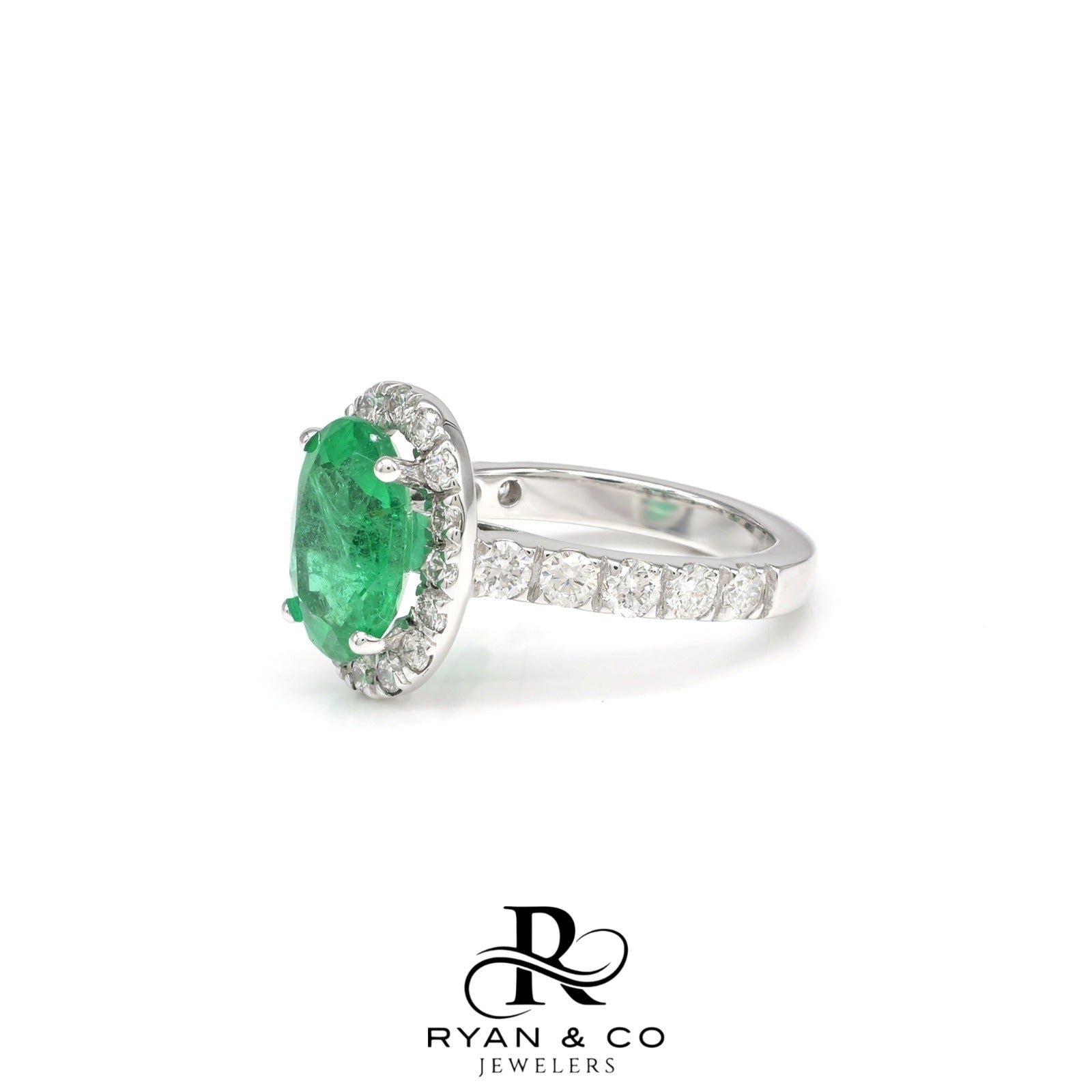 14k White Gold Emerald Halo Diamond Engagement Ring