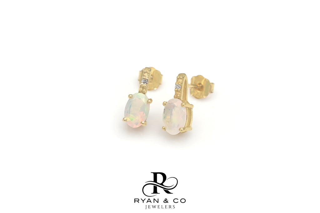14k Yellow Gold Diamond & Opal Stud Earrings