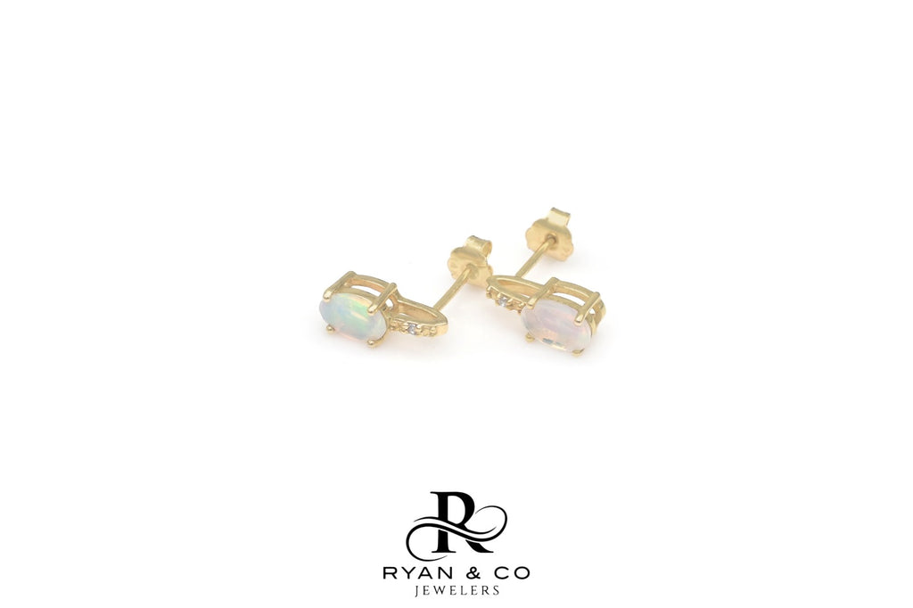 14k Yellow Gold Diamond & Opal Stud Earrings