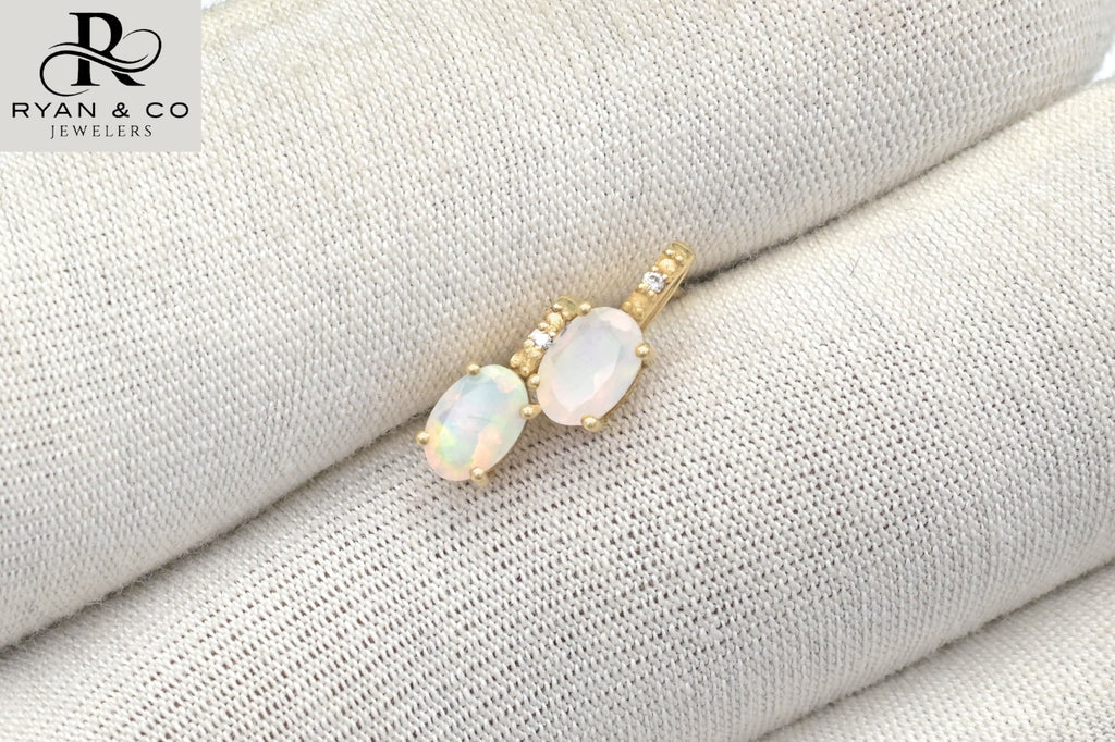 14k Yellow Gold Diamond & Opal Stud Earrings