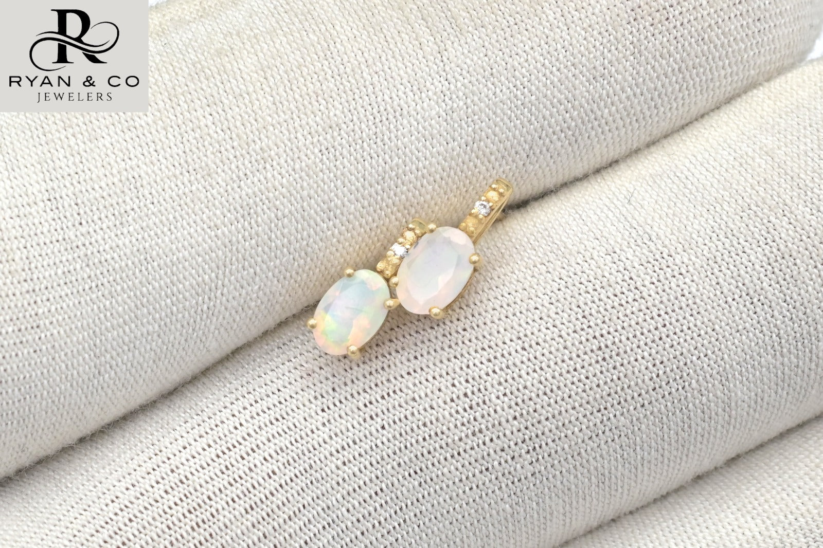 14k Yellow Gold Diamond & Opal Stud Earrings