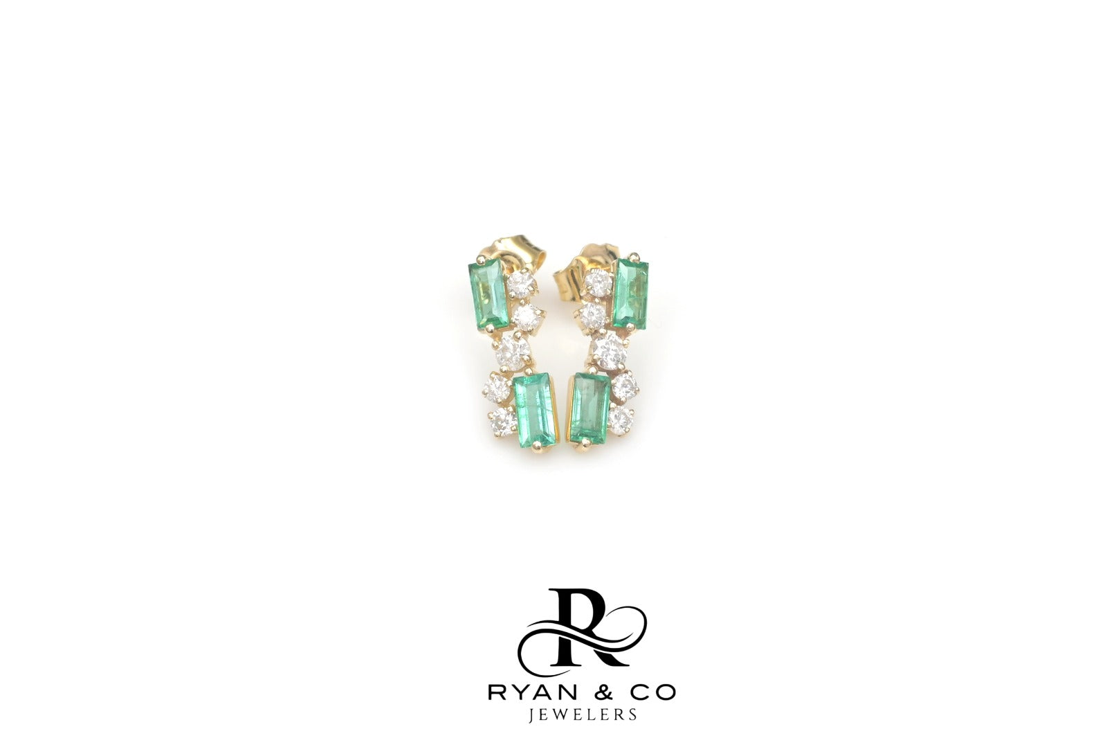14k Yellow Gold Baguette Emerald Diamond Cluster Earrings