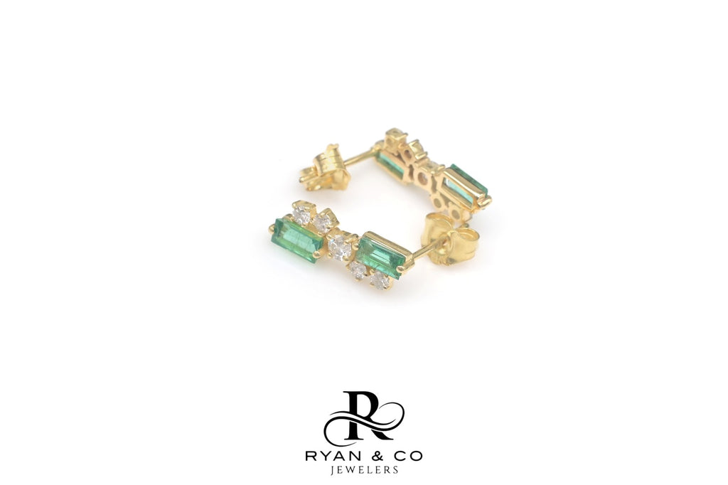 14k Yellow Gold Baguette Emerald Diamond Cluster Earrings