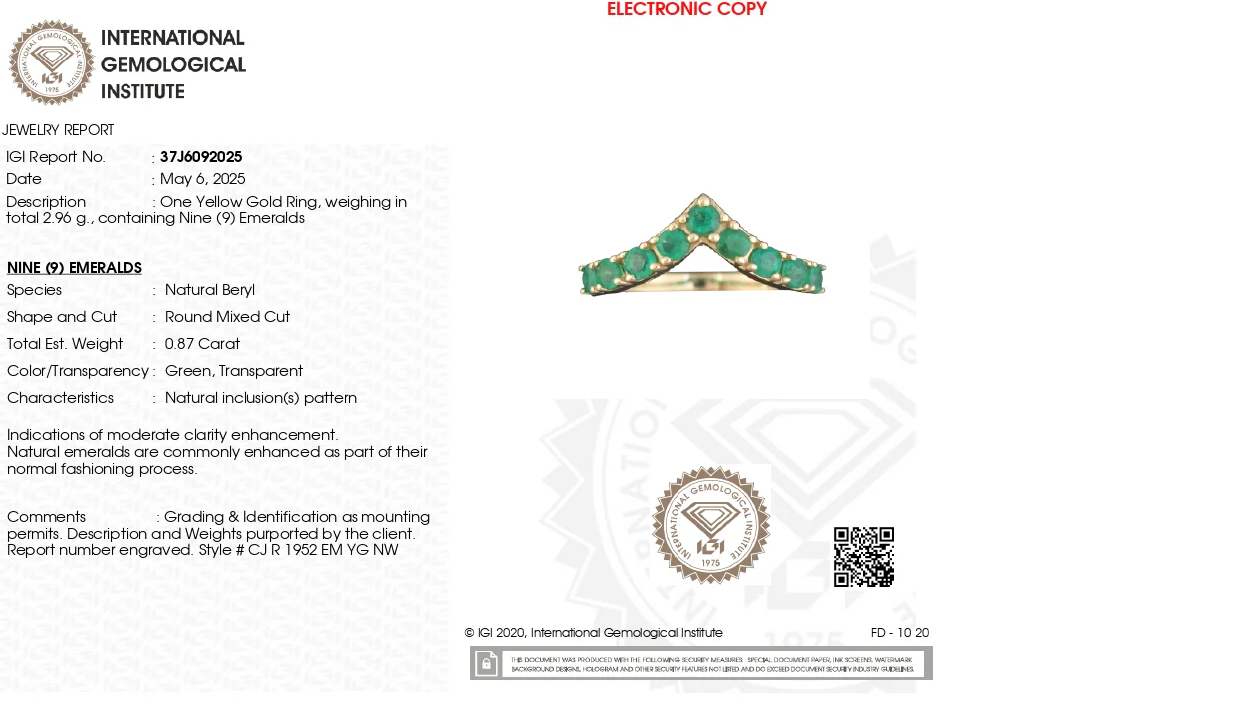 14k Yellow Gold IGI Certified Women's Emerald Ring