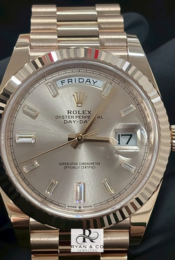 Rolex Day-Date 40 Everose Gold Baguette Diamond Dial | President Bracelet Luxury Watch