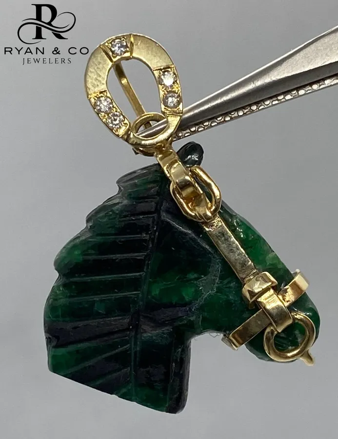 18k Hand Carved Emerald Horse Sculpture with Diamond Horseshoe & Bridle Pendant
