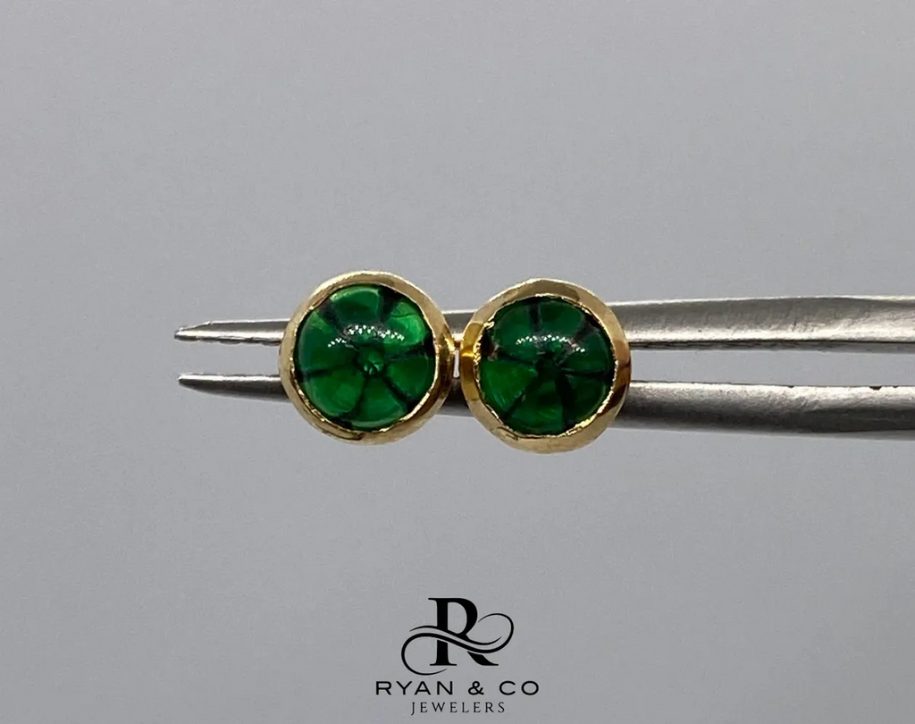 18k Yellow Gold Invisible Set Colombian Emerald Trapiche Stud Earrings