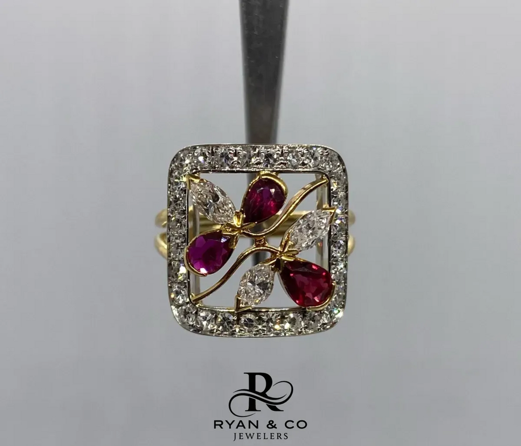 18k Yellow Gold & White Gold Halo Cluster Diamond & Ruby Engagement Ring