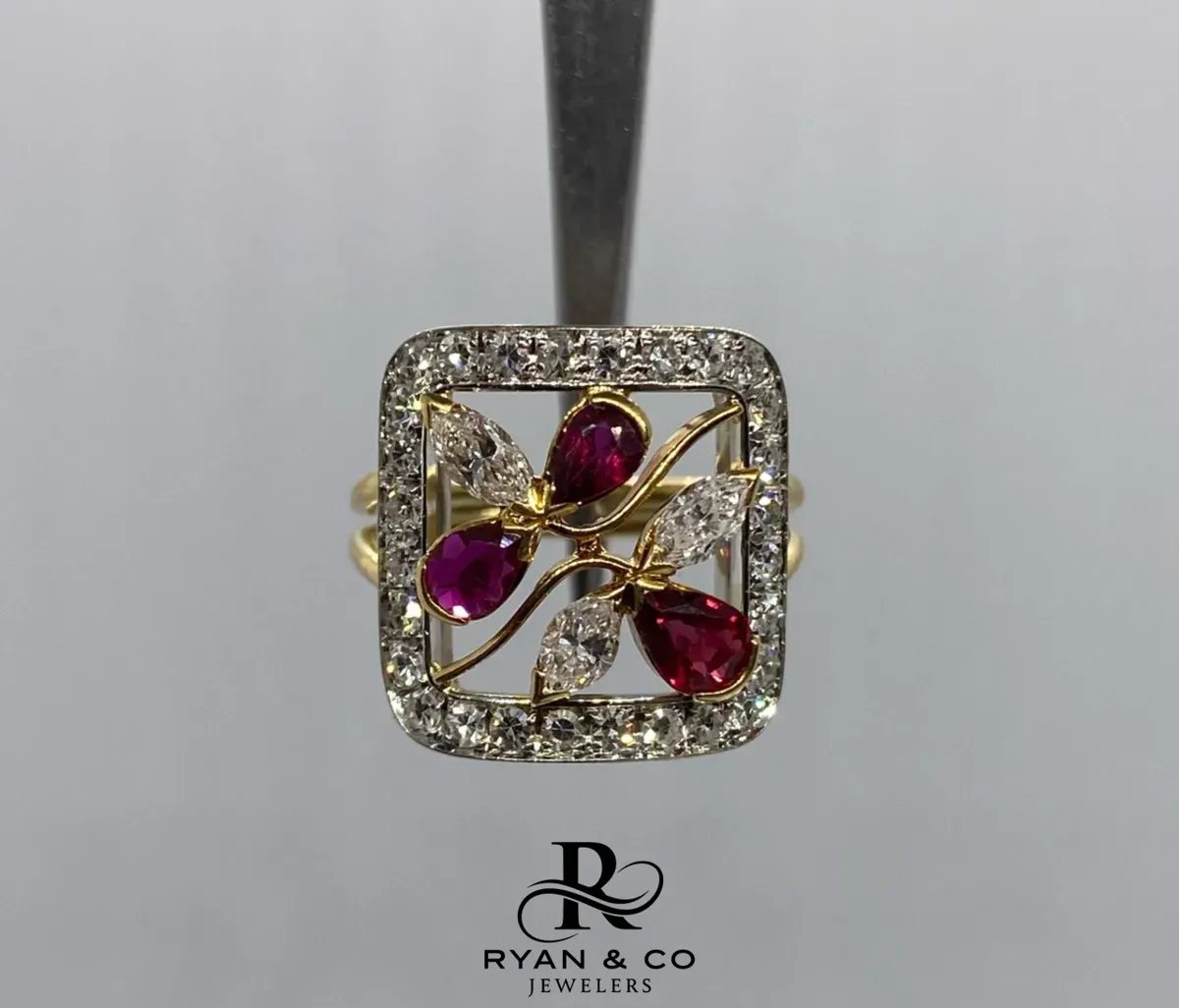 18k Yellow Gold & White Gold Halo Cluster Diamond & Ruby Engagement Ring