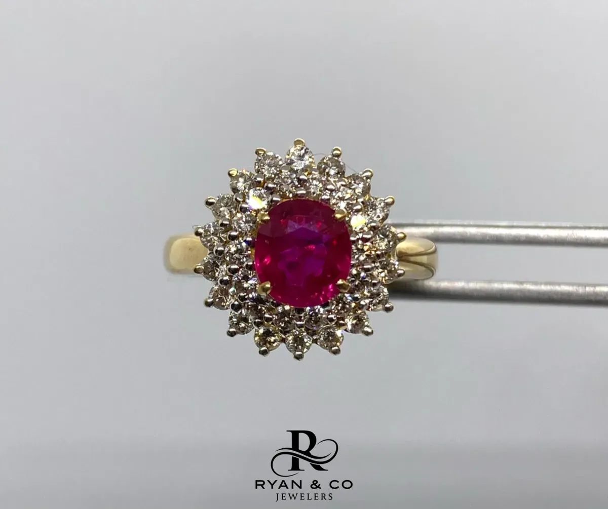 18k Yellow Gold Halo Diamond & Ruby Engagement Ring