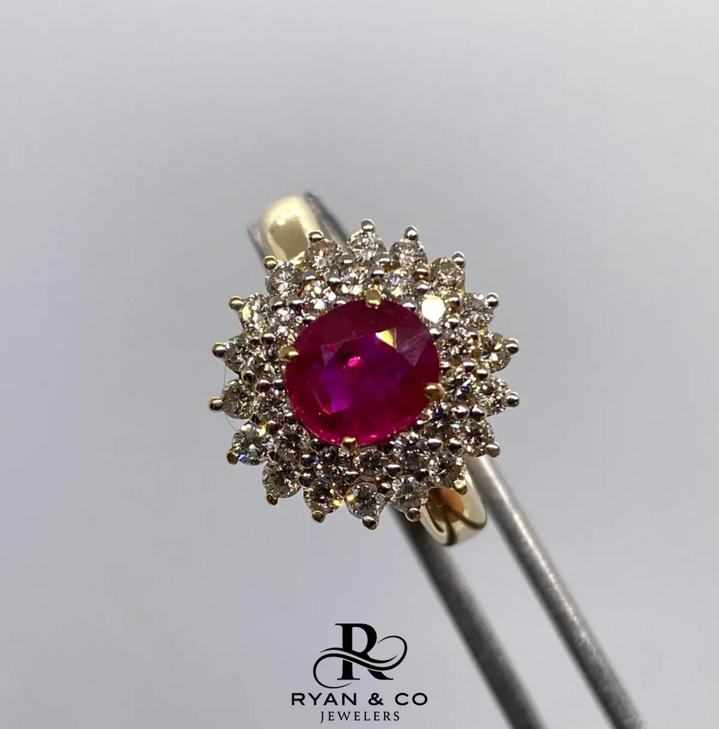 18k Yellow Gold Halo Diamond & Ruby Engagement Ring