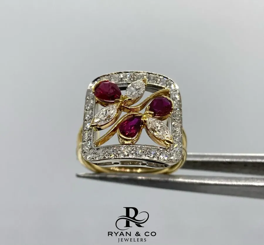 18k Yellow Gold & White Gold Halo Cluster Diamond & Ruby Engagement Ring