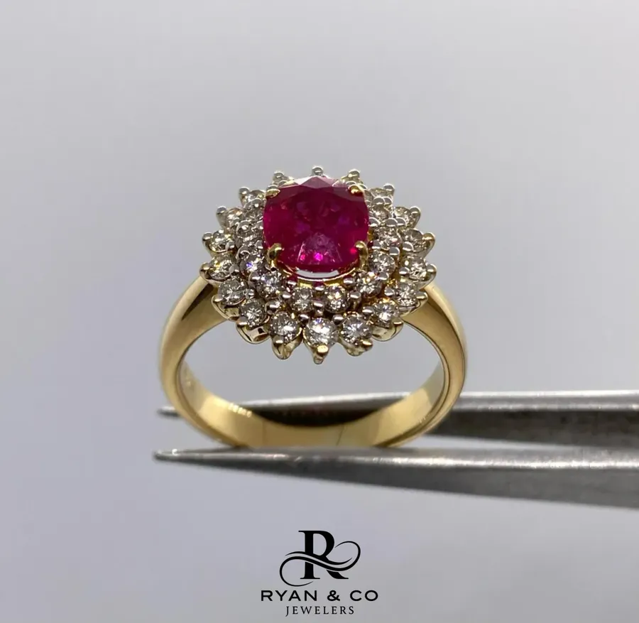18k Yellow Gold Halo Diamond & Ruby Engagement Ring