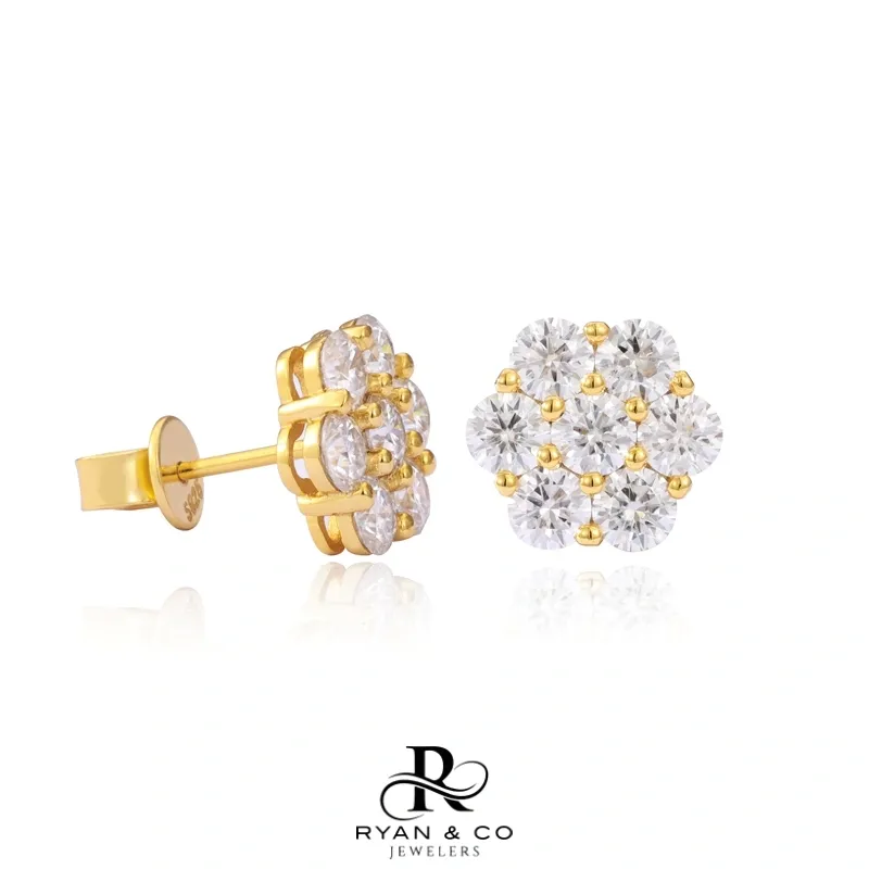Large Round Cut Diamond Cluster Earrings in Gold Vermeil