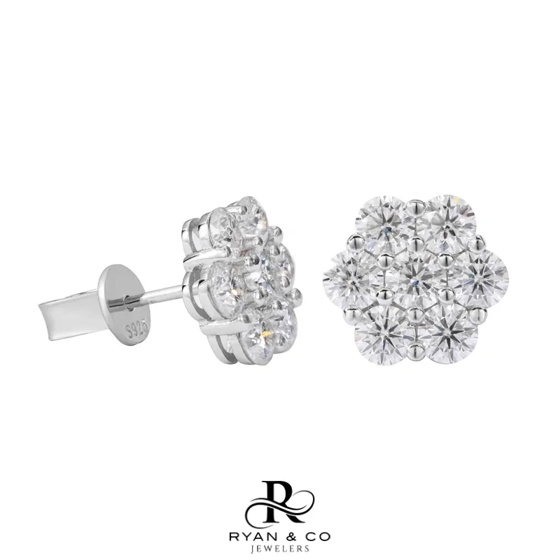 Large Round Cut Diamond Cluster Earrings in Gold Vermeil