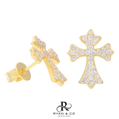 Round Cut Diamond Cross Earrings in Gold Vermeil