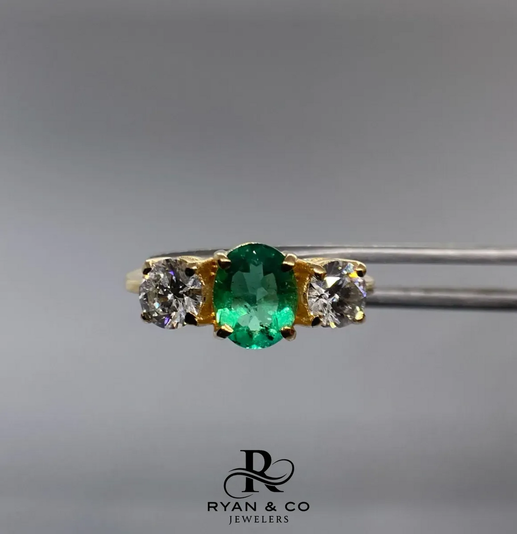 18K Yellow Gold Colombian Oval Emerald & Diamond Ring