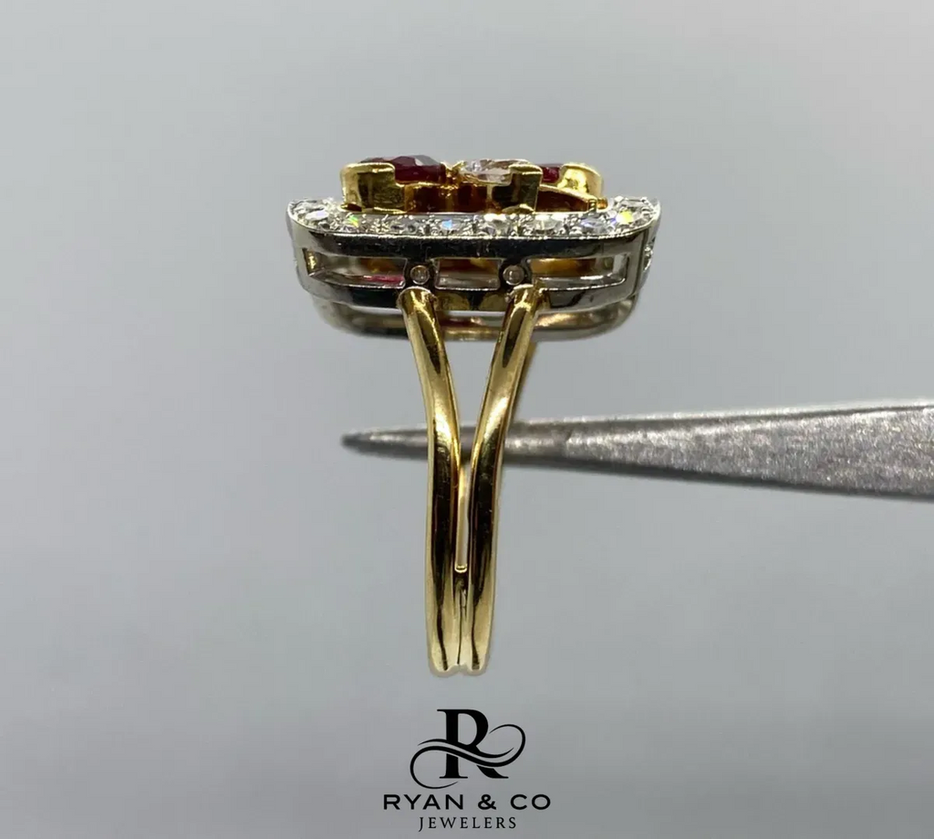 18k Yellow Gold & White Gold Halo Cluster Diamond & Ruby Engagement Ring