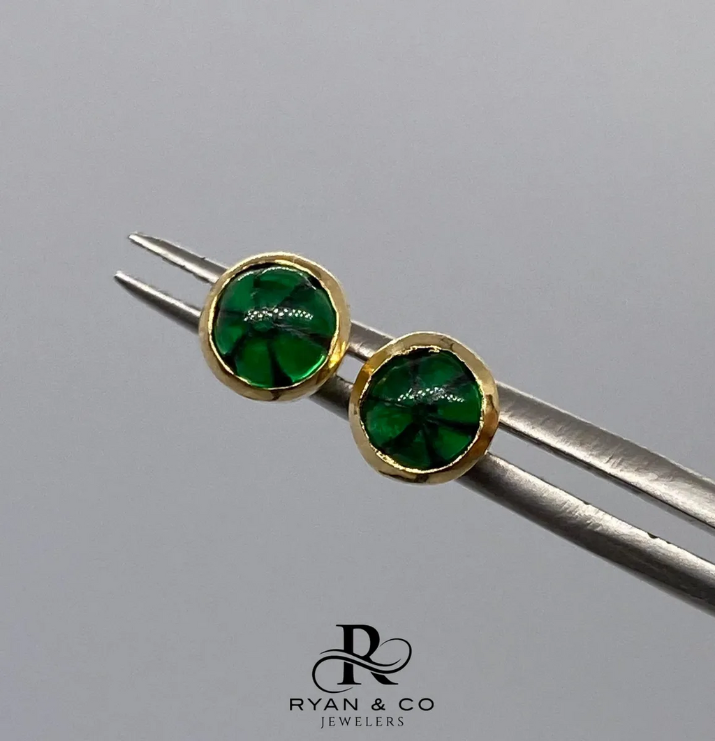 18k Yellow Gold Invisible Set Colombian Emerald Trapiche Stud Earrings