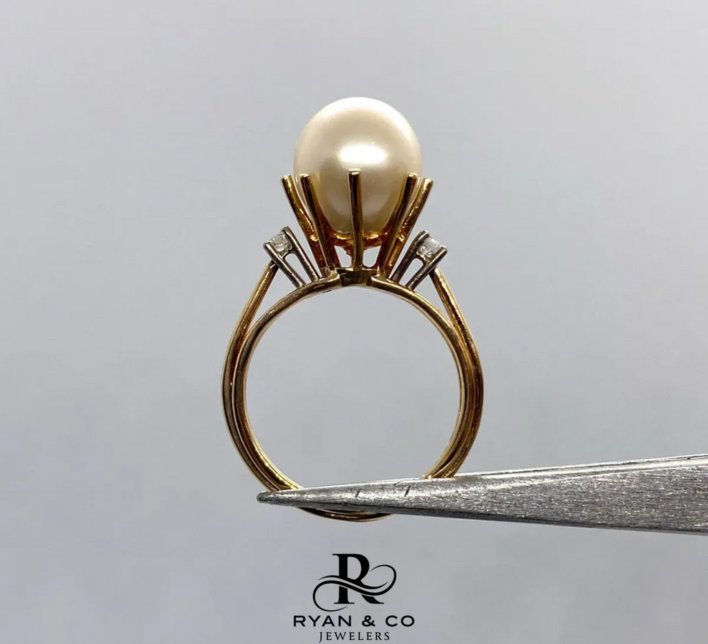 18k Yellow Gold Halo Diamond & Pearl Engagement Ring