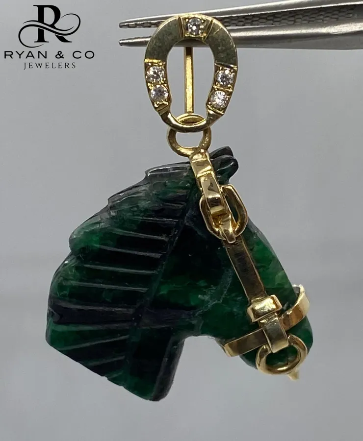 18k Hand Carved Emerald Horse Sculpture with Diamond Horseshoe & Bridle Pendant